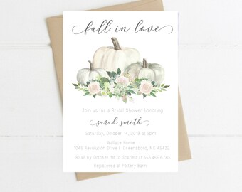 Bridal Shower Invitation, Fall in love, White Pumpkin Flower  Bridal Shower, Digital, Printed Succulents, Floral Rustic Fall/ Autumn Wedding