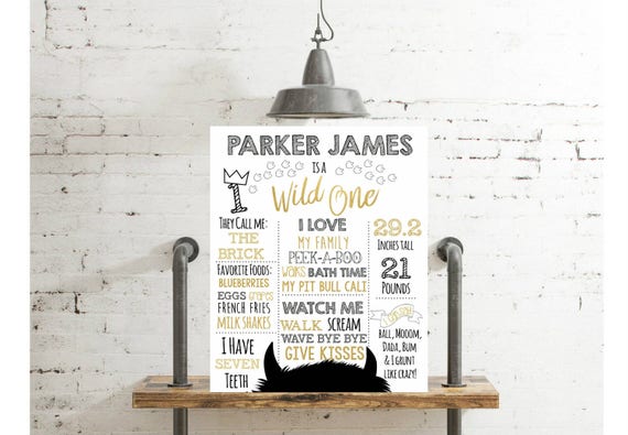 Wild One First Birthday Poster -Where the Wild things are Gold Boy or Girl First Birthday Sign, Printable File, Photo Prop, Il_570xn