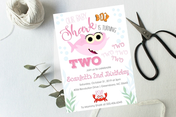 Pink Baby Shark Two Two Two Birthday, Baby Shark Birthday Invitation, Baby Shark Invitation, Printable or Printed Baby Shark 2nd #2073 Il_570xn