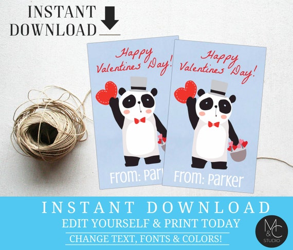 Valentine Card, Editable, Kids Panda Heart Animals Girls Boys School Valentine,Instant, You edit, Digital Printable Templett, Valentine #T5 Il_570xn