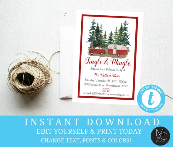 Christmas Party Invitation Invite ornament exchange Tree Farm Trailer Travel holiday party Editable, Template, Instant Download Holiday#T20 Il_570xn
