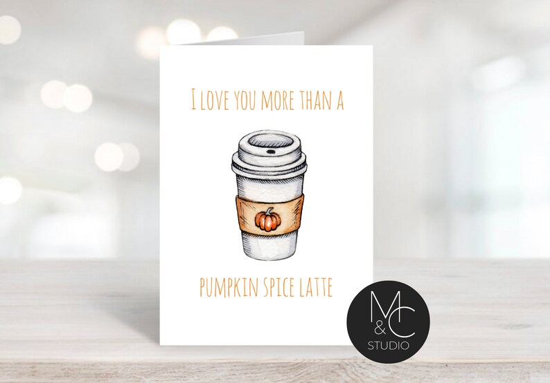 Girlfriend #50 Wife Funny Birthday Card Husband Kraft envelope Coffee Lovers I Love you more than pumpkin spice latte Boyfriend