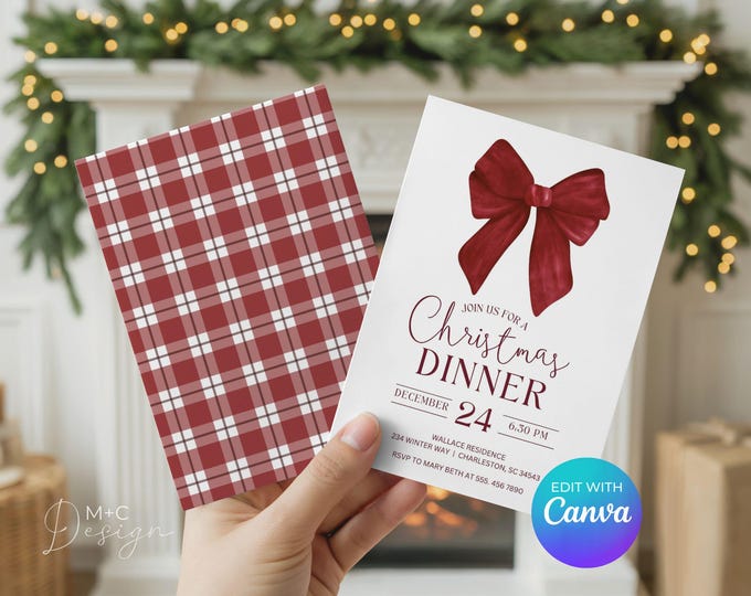 Christmas Card Invitation, Holiday Party, Elegant Bow, Canva Edit Yourself, Dinner Party