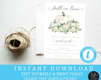 Bridal shower Fall Autumn Pumpkin Pink Floral Watercolor Pink Rustic Wedding Minimalist  Editable, Template, Instant Download T#6