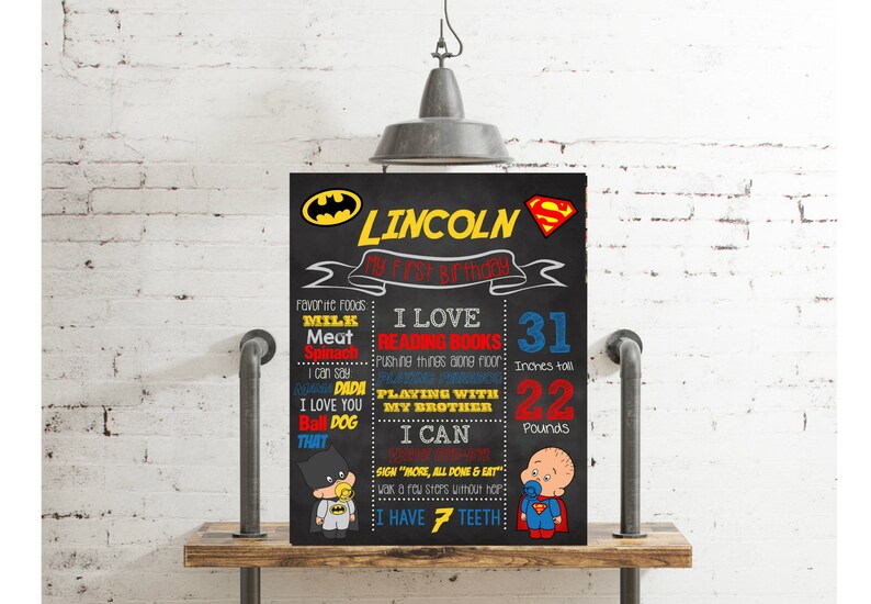 Photo Prop Comics Batman versus superman style Poster Sign Printable Baby Super Hero Vintage First Birthday Chalkboard Poster