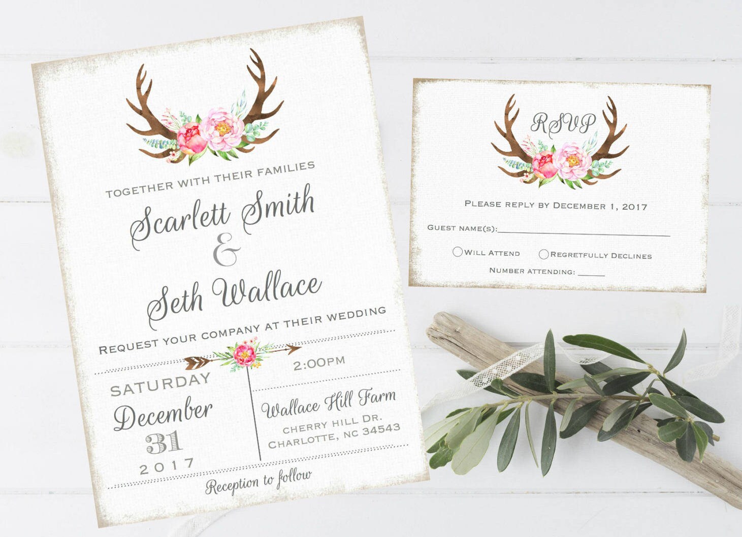 Wedding Invitation Antler Floral Watercolor Boho Country Barn