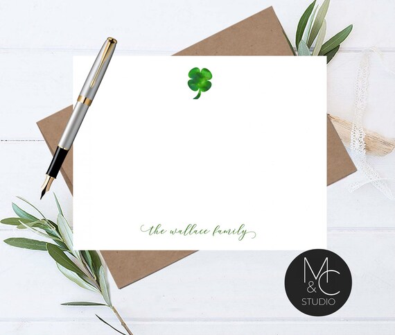 Shamrock Note Card Set Envelopes, Irish, St Patricks Day Gift Stationary Cards Monogram Stationary, Mom, Friend, Coworker, Lucky Il_570xn