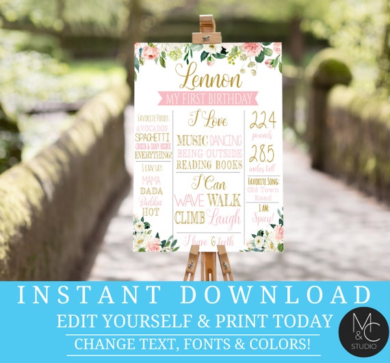 Wild One Birthday Poster Editable File Printable instant download Gold Flower Girls Floral First Birthday Milestone you edit Templett 16x20 Il_570xn