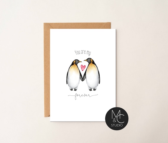 Penguin Valentine Card, Anniversary, Watercolor Card, Greeting