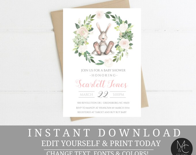 Bunny Wreath Baby Shower Invitation, Pink Floral, Editable Template (Instant Download)