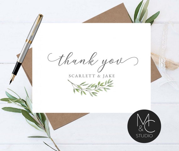 Personalized Wedding Engagement Thank You Note Card, Thank You With Couples Names, Script font, simple, envelopes, eucalyptus, gift bridal Il_570xn