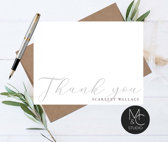 Personalized Thank you Stationery Wedding Engagement Note Card, Thank You With Names, Script font thank you, simple notecard, envelopes, Il_570xn