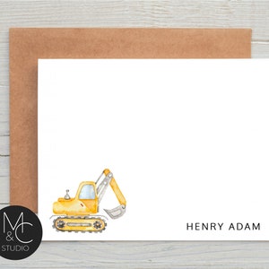 Kids Personalized Note Card, Excavator Custom Boys Stationery, Tractor Loader Equipment, Thank you Note Cards, Baby, Boy Gift, construction