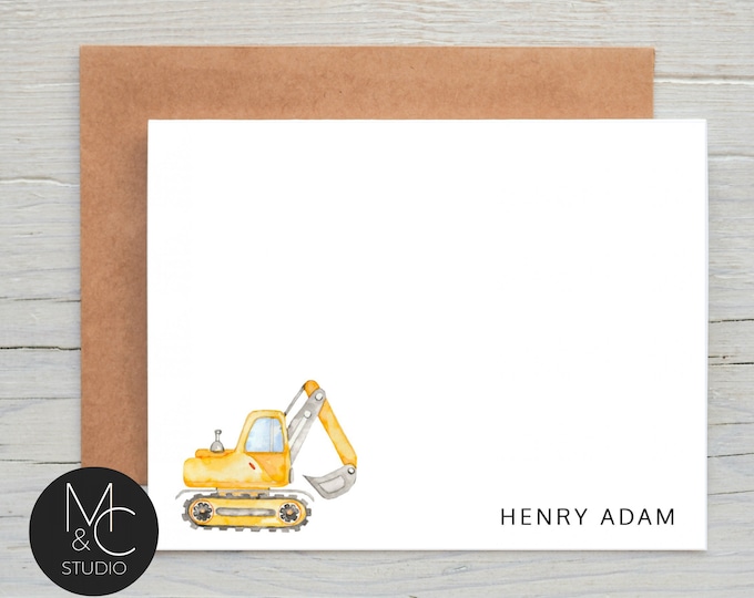 Kids Personalized Note Card, Excavator Custom Boys Stationery, Tractor Loader Equipment, Thank you Note Cards, Baby, Boy Gift, construction