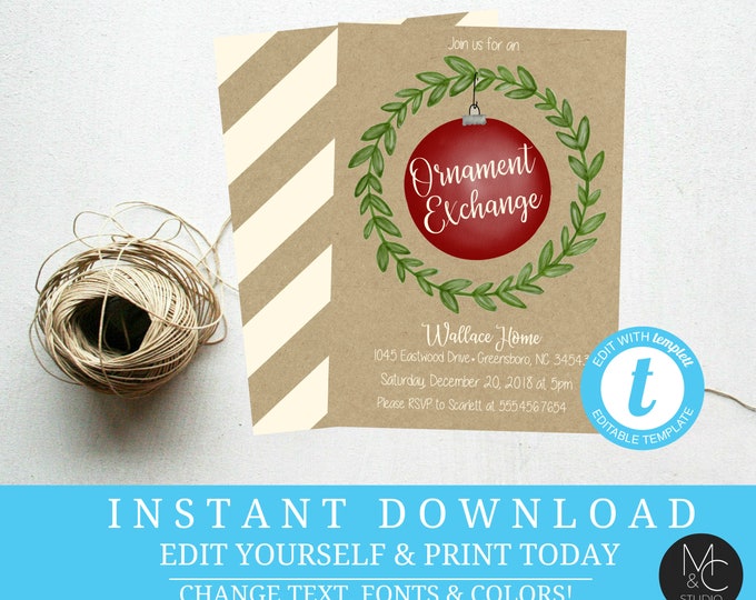 Kraft paper Christmas Party Invitation Invite ornament exchange wreath holiday rustic Editable, Template, Instant Download Holiday#T17