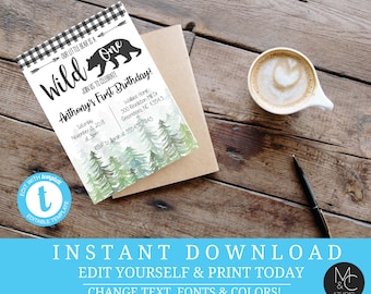Our little bear birthday first green trees deer antler buffalo plaid christmas tree party Editable, Template, Instant Download #2081