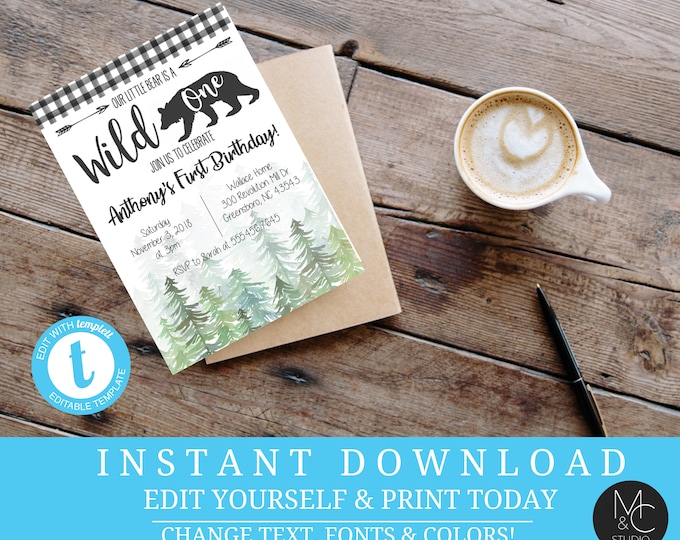 Our little bear birthday first green trees deer antler buffalo plaid christmas tree party Editable, Template, Instant Download #2081
