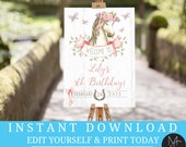 Welcome Sign Girls Pony Party Horse Birthday horse party any wording party decor Printable Editable Birthday Templett, Boho Rustic Floral Il_170x135