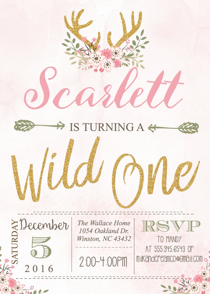 Pink Wild one Deer Antler Flowers First Birthday Party invite Gold Rustic Wood #2002 Arrow Hipster Adventure Girls Printable Printed