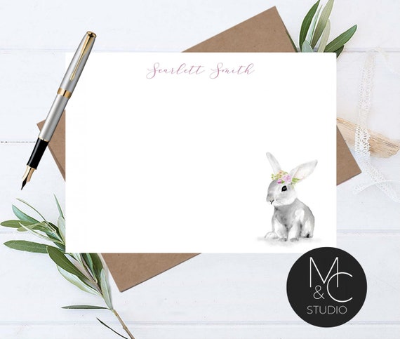Bunny Personalized Note Card Set Envelopes- Lavender Flower Stationary Cards Monogram, Script Font, Spring Flower, Mom, Friend Easter Il_570xn