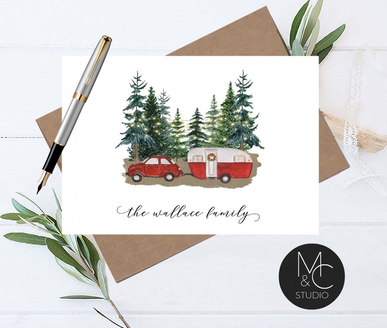 Personalized Winter VW Camping Christmas Card Set