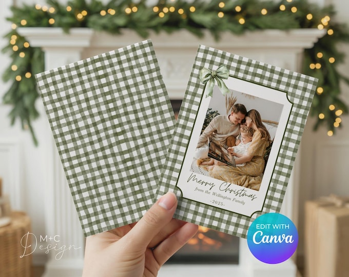 Christmas Card with Photo, Canva Template, Modern Green Gingham, Holiday Edit Yourself