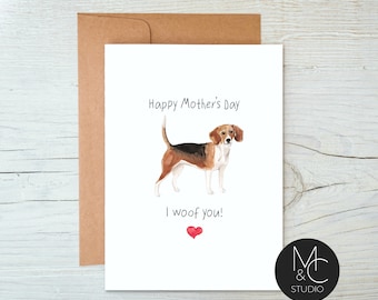 Beagle Dog Card with Kraft Envelope,Mothers Day, Blank Note Card, Dog Lover, Card from Dog, I woof you, Mom, Simple Card