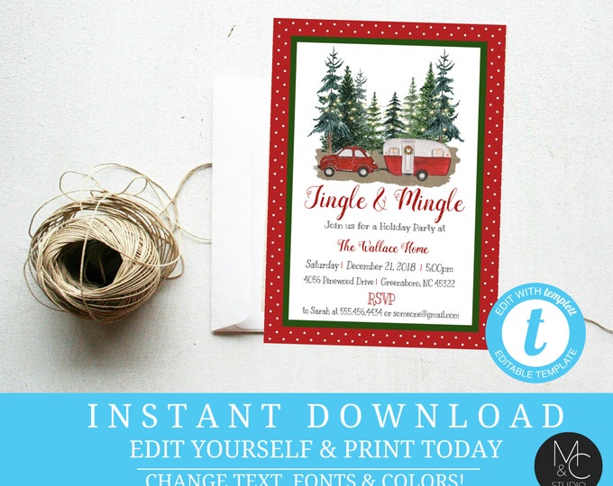 Christmas Party Invitation Invite ornament exchange Tree Farm Trailer Travel holiday party Editable, Template, Instant Download Holiday#T21