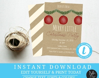 Kraft paper Christmas Party Invitation Invite ornament exchange merry little holiday rustic Editable, Template, Instant Download Holiday#T18