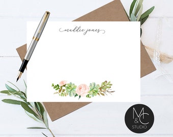Personalized Note Card Set Envelopes- Stationary Cards Monogram Stationary Script Font, succulent Bridesmaid, Mom, Friend Coworker Greenery