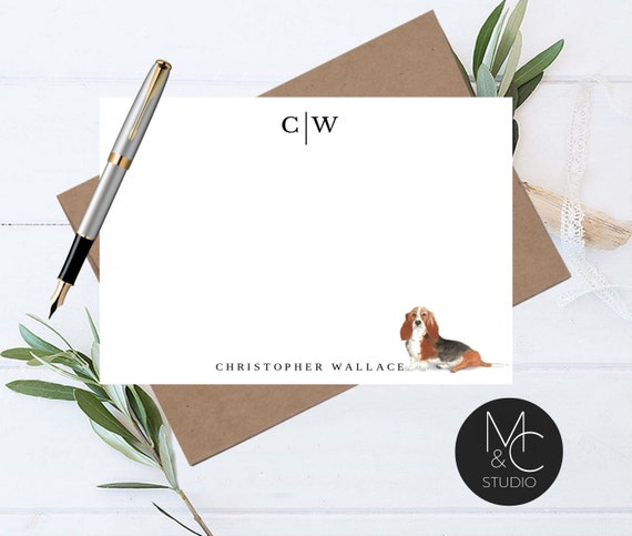Basset Hound Personalized Note Cards, Dog Stationery, Gift for Dog Lovers, Flat Note Cards, Christmas Gift, Boss, Friend, Coworker, Dad, Mom Il_570xn