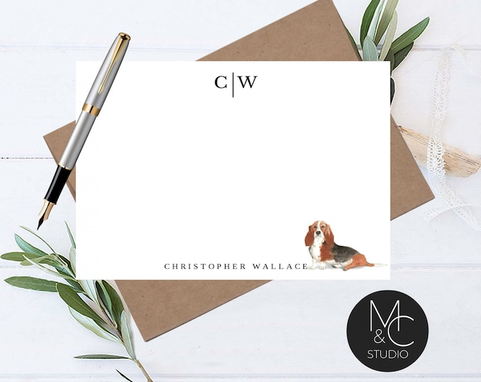 Basset Hound Personalized Note Cards, Dog Stationery, Gift for Dog Lovers, Flat Note Cards, Christmas Gift, Boss, Friend, Coworker, Dad, Mom