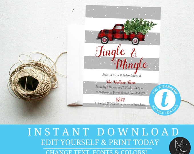 Holiday Party DIY Jingle Mingle Red Truck Christmas tree buffalo plaid Editable Truck Red Vintage Template, Instant Download Holiday#T8