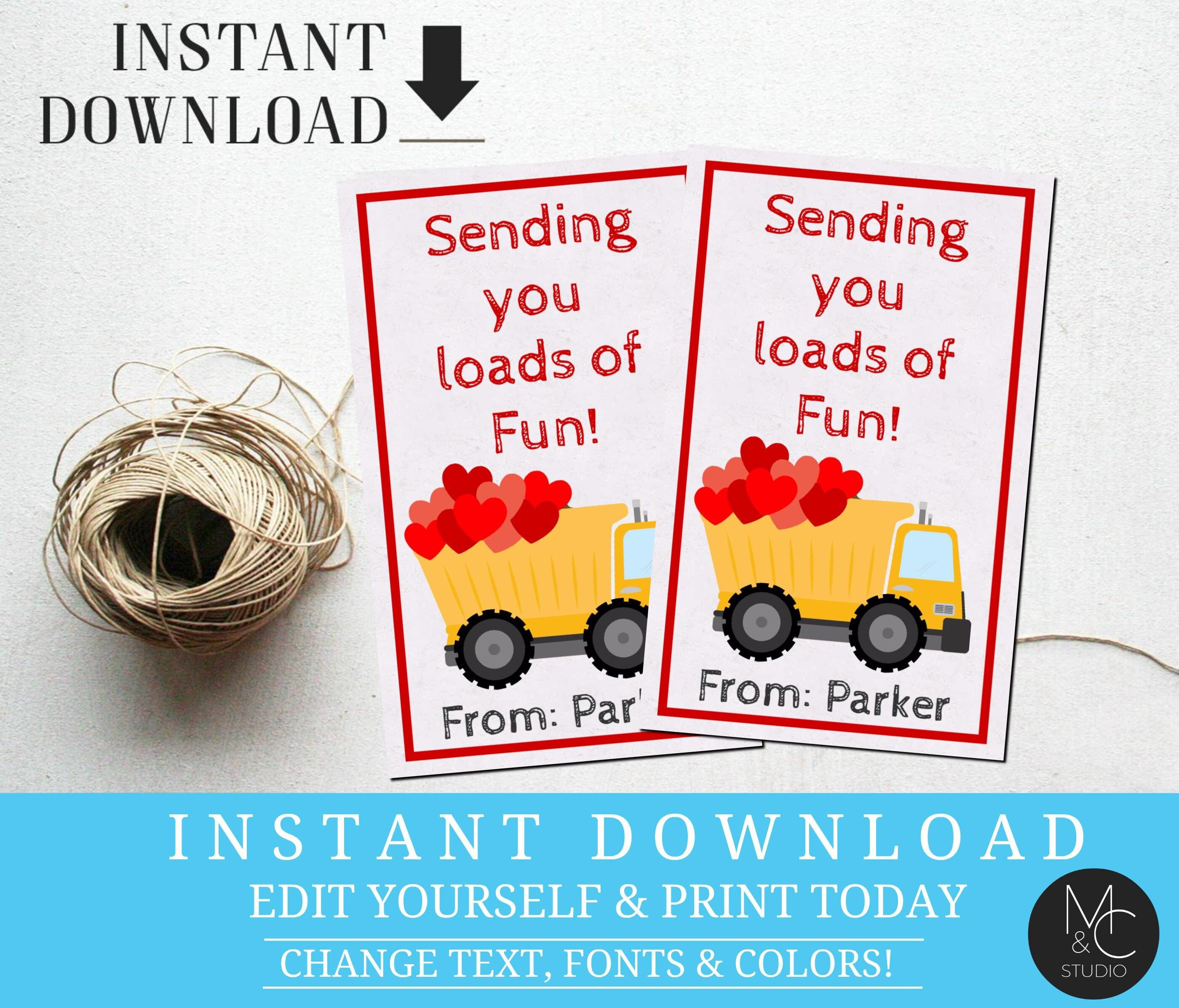 Valentine Card Editable Kids Dump Truck Loads of Fun Boys | Etsy