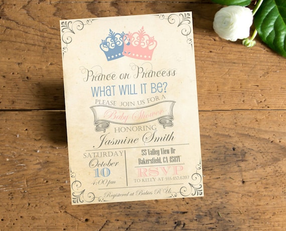Vintage Prince or Princess Baby Shower Invite, Invitation with Pink & Blue Crown, Simple Casual, Digital File, Gender Nuetral Shower Il_570xn