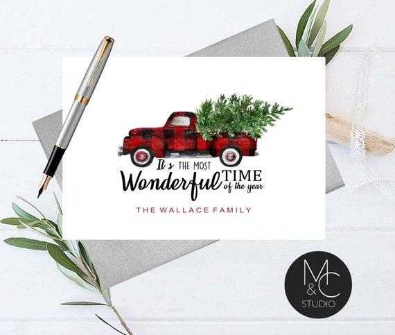 Personalized Christmas Card Stationary, Set of Folded Notecards, Winter Truck Tree, Family Card, Folded Note Card, Wonderful time vintage Il_570xn