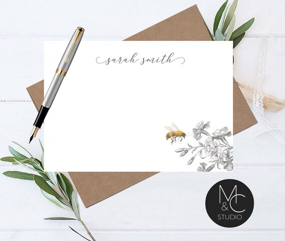 Honey Bee Personalized Note Card Set Envelopes- Stationary Cards Monogram Stationary Script Font, Vintage Bridesmaid, Mom, Friend Coworker Il_570xn