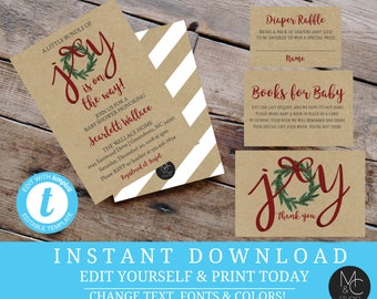 Winter baby shower Bundle of Joy Kraft Paper rustic Christmas Snowflake Wreath Diaper Raffle Ticket Templett, Instant, Book Request  #T16
