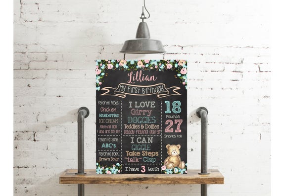First Birthday Chalkboard Poster Sign, Teddy Bear Picnic Spring Floral Pastel Watercolor First Birthday, Birthday Stats Printable File #2012 Il_570xn