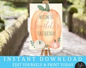 Welcome Sign Pumpkin Rustic Pink Pastel Fall Brithday Our little Pumpkin any wording party decor Printable Editable Birthday Templett, Il_170x135