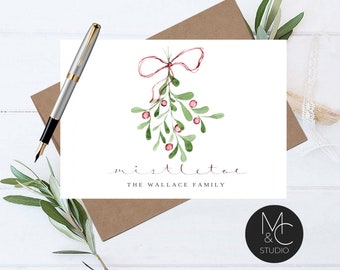 Winter Mistletoe Evergreen Stationery Set, Note Card,  Flat Note Cards, Evergreen, Merry and Bright Tree, Personalized, Christmas Gift #26