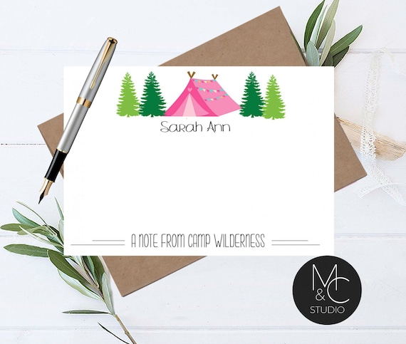 Summer Camp Personalized Note Card, Custom Camp Name Stationery, Girls Summer Camp, Write Home From Camp Notecard, Camp Tent Pine Trees Il_570xn