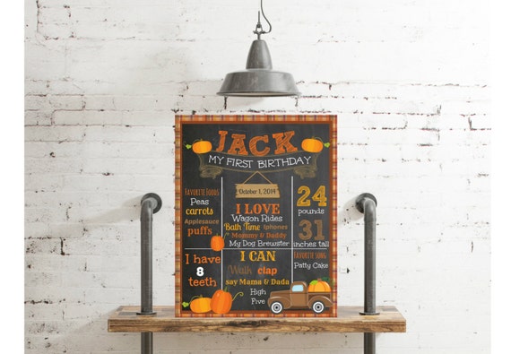 Fall First Birthday Chalkboard -Plaid Vintage Fall Truck Pumpkin Patch Birthday Poster- Pumpkin Birthday Poster, Printable File, Il_570xn