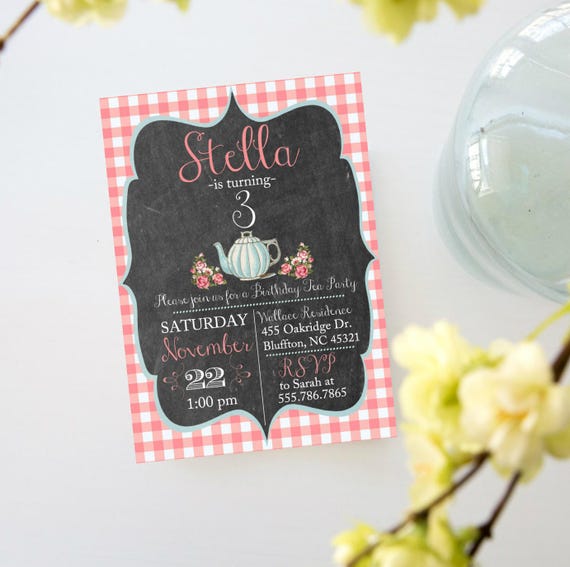 Chalkboard Shabby Chic Tea Party Invite, Girl's Birthday Invitation, Tea Party Vintage Invite, Pink Birthday Invite Il_570xn