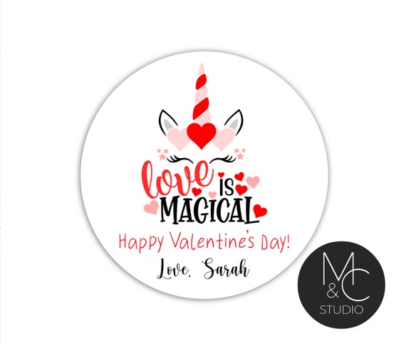 Valentine's Day Stickers - Unicorn Valentine Favor Stickers - Valentine's Day - Personalized Round 2 inch Sticker Set of 12 Il_570xn