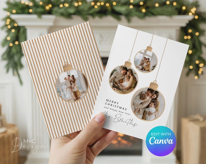 Christmas Card with Photo, Canva Template, Modern Stripe, Holiday Edit Yourself