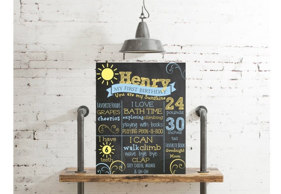 You are my Sunshine First Birthday Chalkboard -Blue, Yellow Party Chalkboard- Poster Sign, Sunshine Birthday Printable File Il_570xn