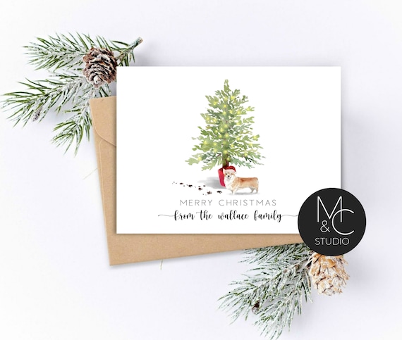 Corgi, personalized Pet Christmas Greeting Card, Watercolor, Folded Note Card, Dog Lover, Holiday Greeting Card, Family Name Card Il_570xn