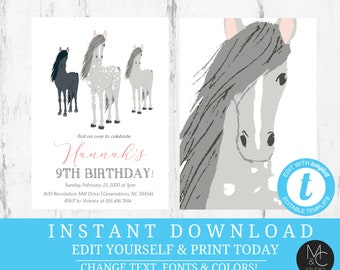 Horse Birthday Party Invitation, Girls Pony Birthday, Horse Lovers Birthday Invite, Editable, Template, Instant Download, Pink Gray
