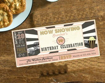 Movie Invitation - Outdoor teen sweet sixteen Birthday Movie Show Ticket Popcorn Retro Invitation-  Pink Gold Black printed or printable